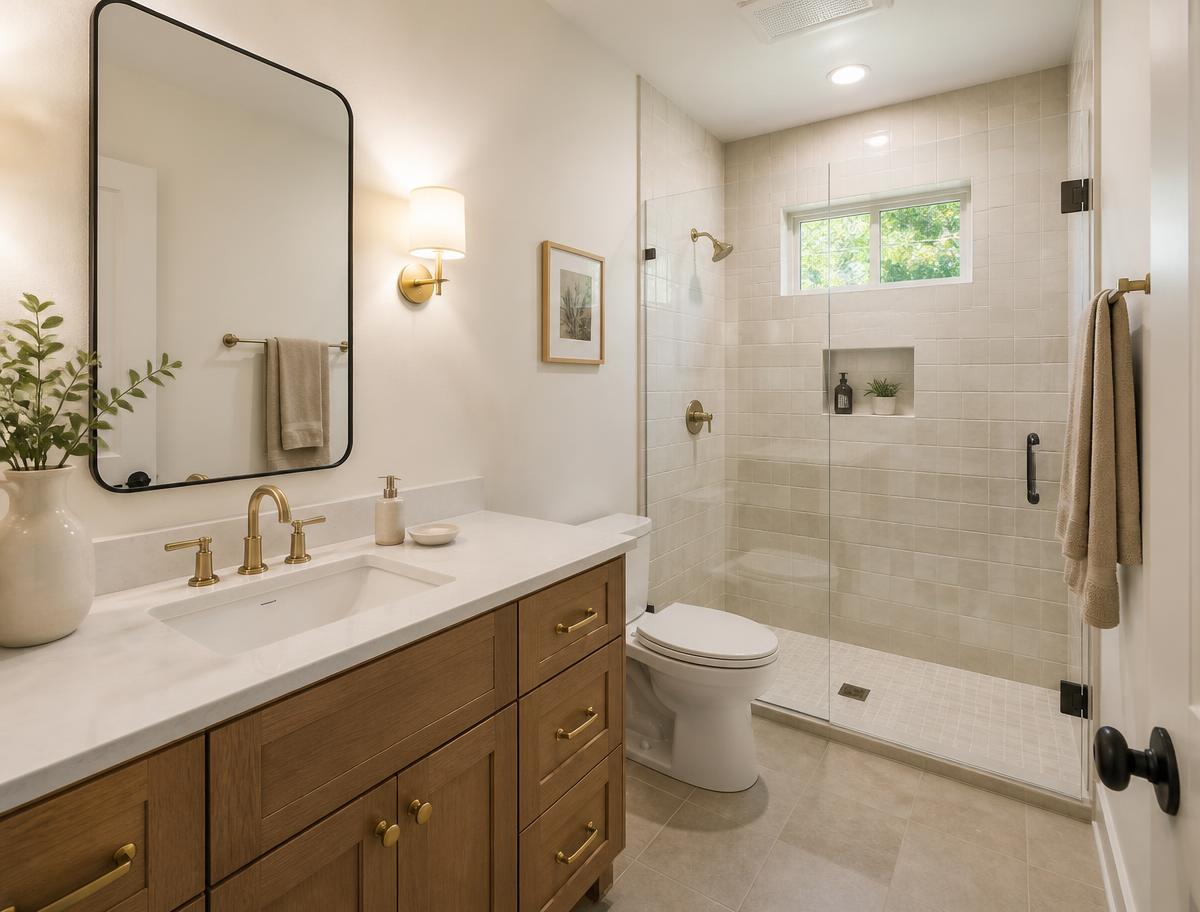Renovated bathroom with tiled walk-in shower and wood vanity