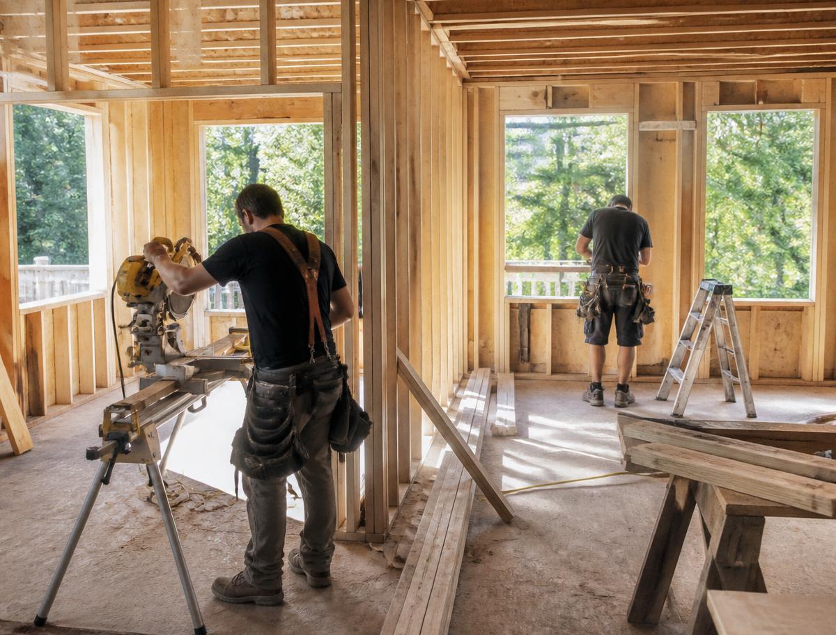 Carpenters framing a new room addition with fresh lumber