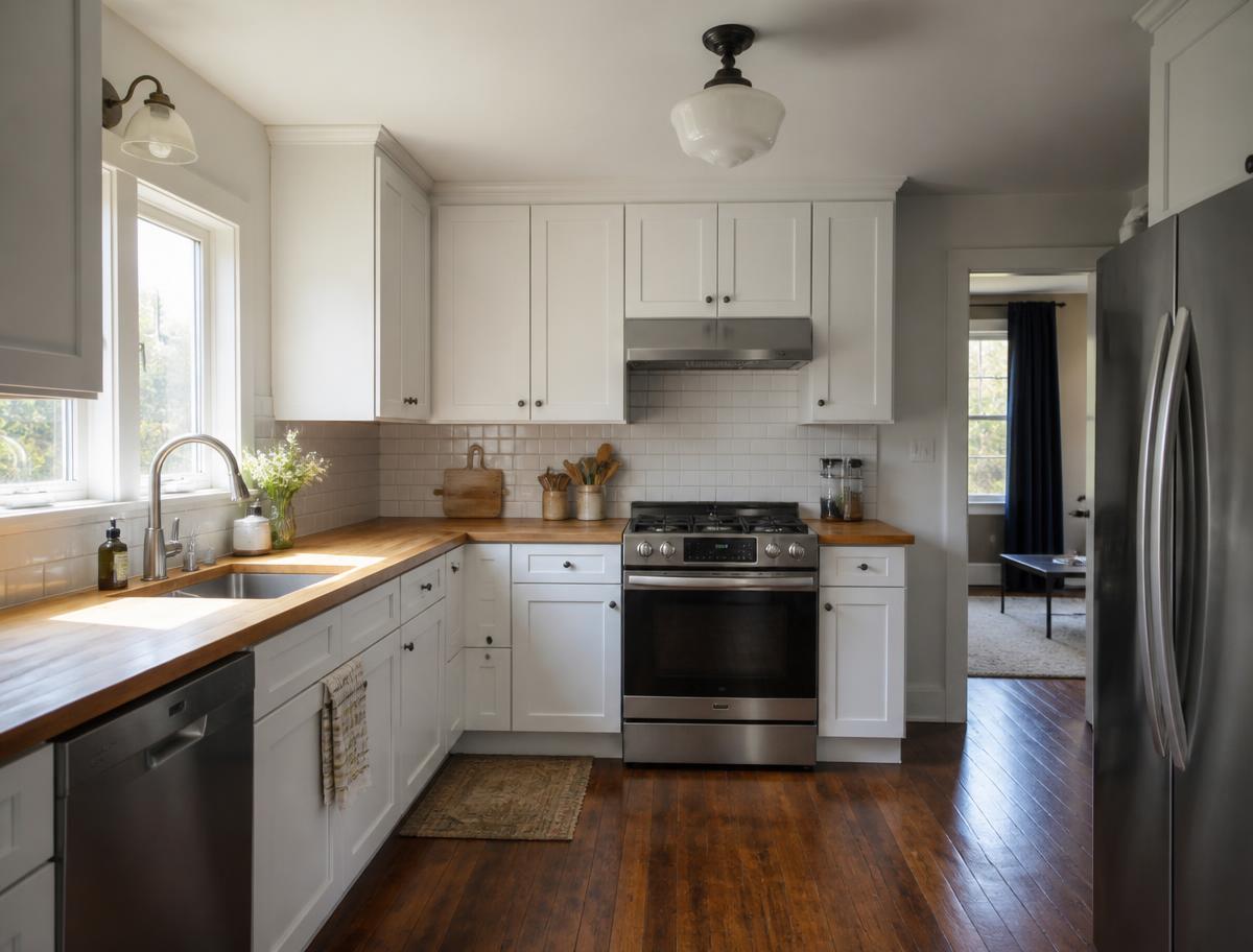 Remodeled kitchen with white shaker cabinets and butcher block counters