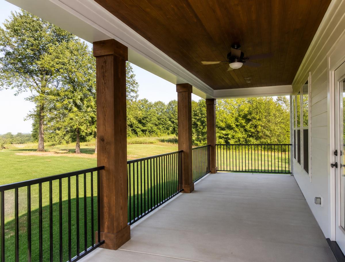 New covered porch with stained wood posts and metal railing on a country home